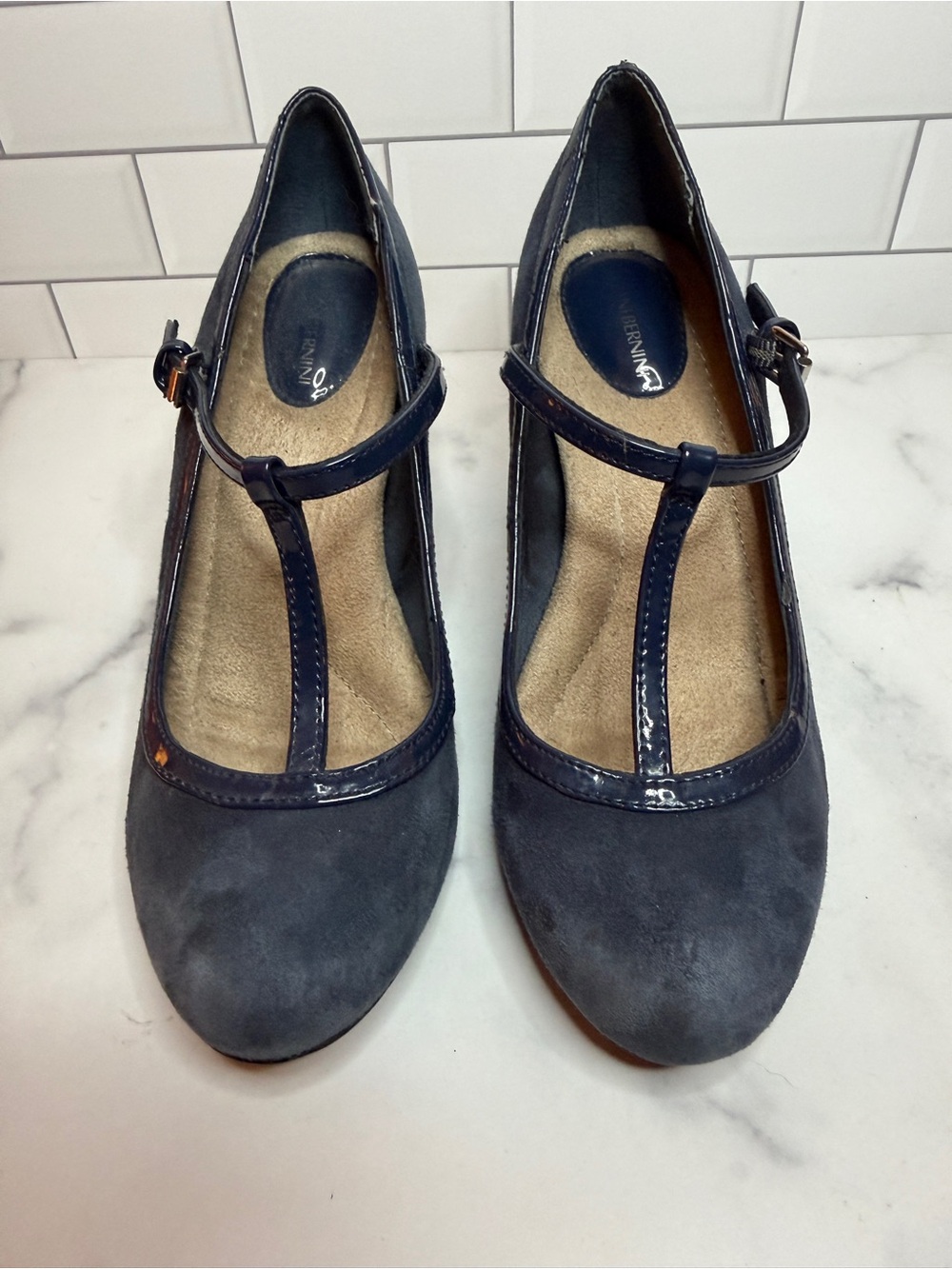Gianni Bini Navy Blue Suede T-Strap Pumps Heels Women’s Size 8